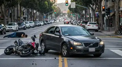 Motorcycle and car collision in a busy city intersection