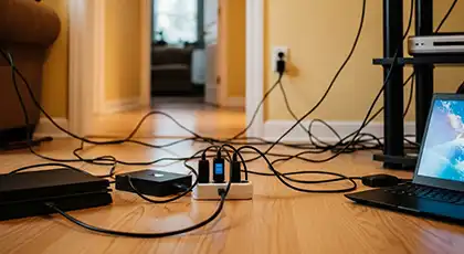 Multiple electronic devices plugged into a power strip on a hardwood floor