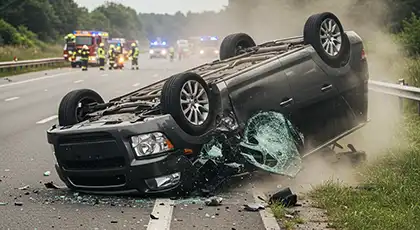 Overturned car on highway after a rollover crash