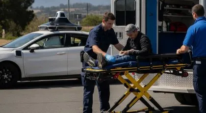 Paramedics assist an injured man after an accident involving a driverless vehicle