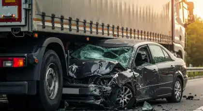 Passenger car crushed beneath a large truck after a blind spot collision on the highway