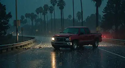 Red pickup truck stopped sideways on a wet road during heavy rain at night