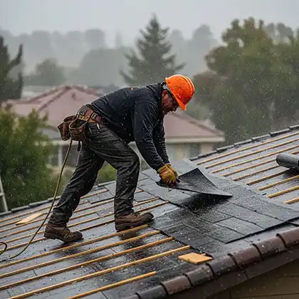 Roofing contractor patching the roof during heavy rain