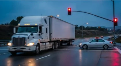 Semi-truck speeding through intersection as car turns on red light