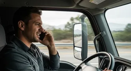 Truck driver talking on the phone while driving on the highway