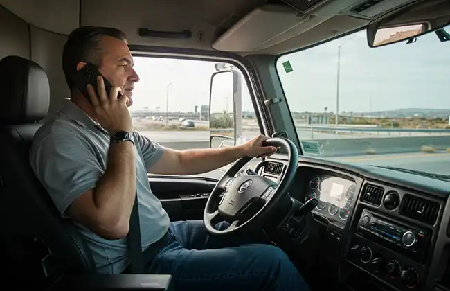 Truck driver speaking on the phone while driving