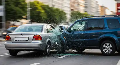 Two cars collide at an intersection causing severe front-end damage