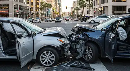 Two cars involved in a head-on collision at a city intersection with airbags deployed