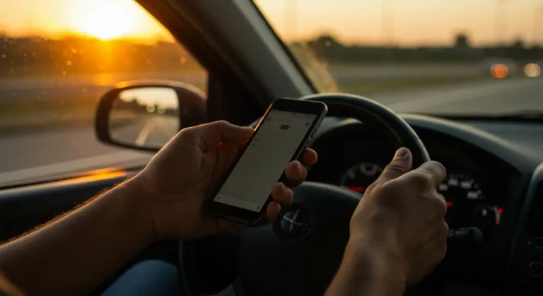 Uber driver using a smartphone while driving on a highway in Garden Grove