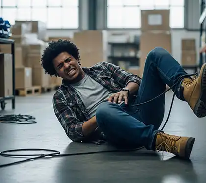 Unsecured cords and cables causing a man to trip and fall