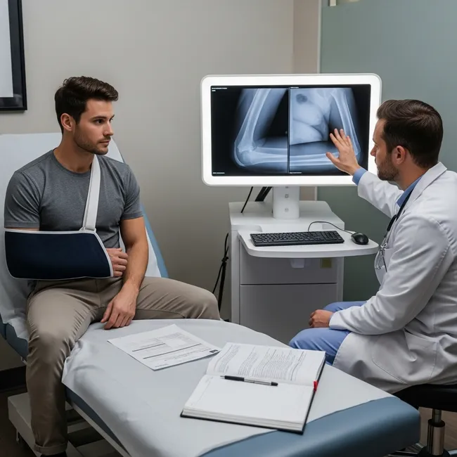 Victim getting a medical consultation for his injuries from a car accident