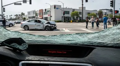 View from inside a damaged vehicle after a crash with a self-driving car