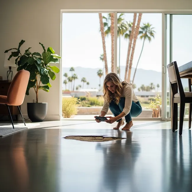 Woman taking a picture of damaged flooring in an Airbnb rental