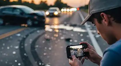 Young man photographing a car accident scene at dusk
