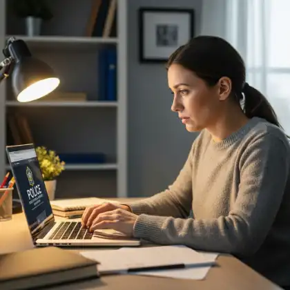 woman checking the police officer's contact details on the website