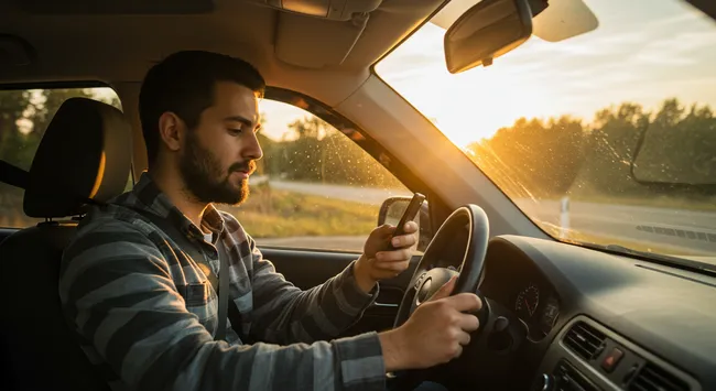 A driver is driving a car while using a smartphone along the highway in Antioch