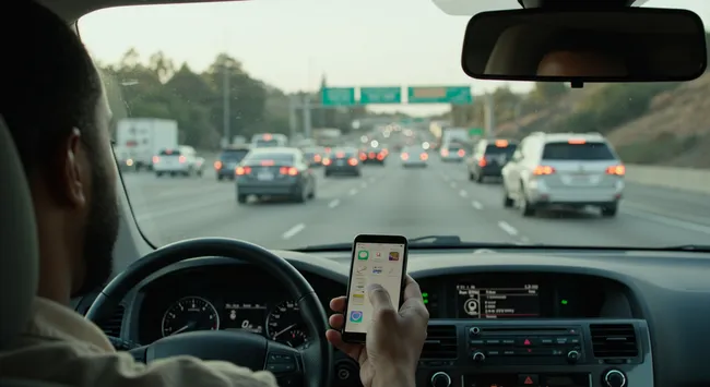 A driver is driving a car while using a smartphone in the busy road of Oxnard Highway