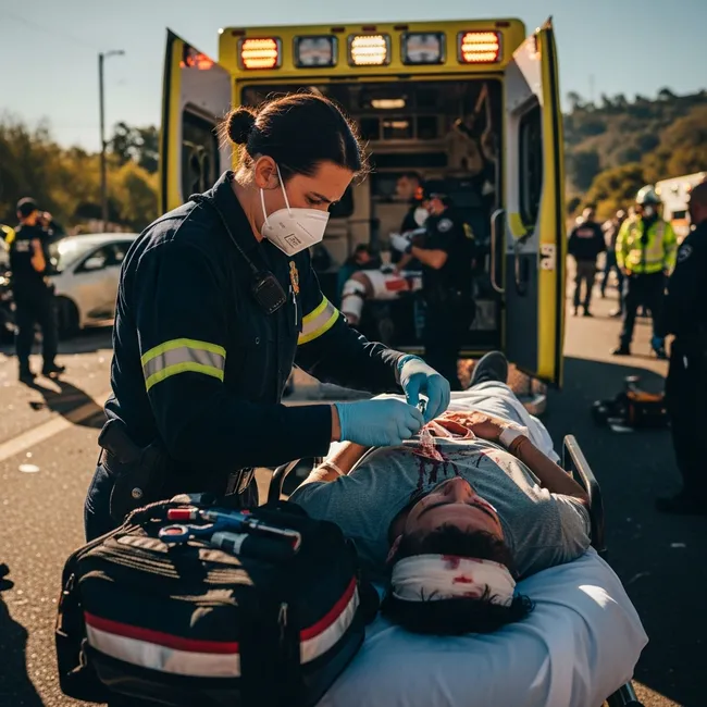A first aid responder is providing treatment to the victim of a Lyft accident in Ontario