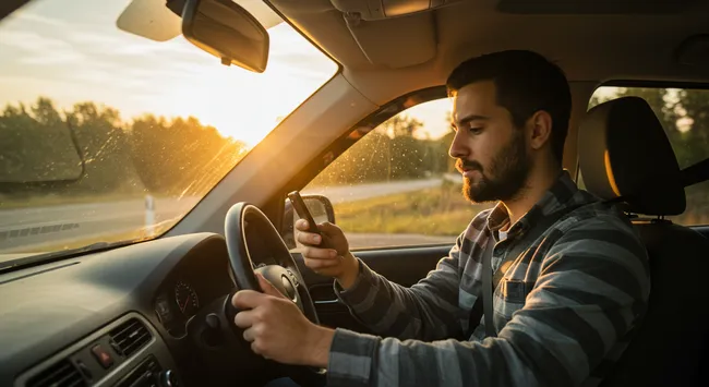 A man is driving a car while using a smartphone along the Sunnyvale highway