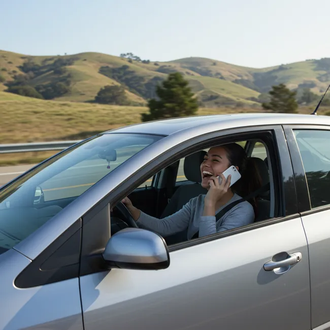 A woman is driving a car while talking on the phone along the Santa Ana highway