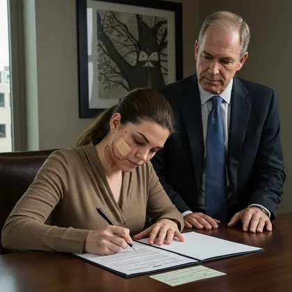 Burn injury victim signing legal documents with attorney present