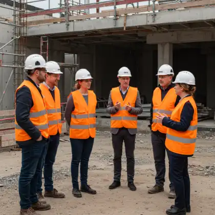 Construction team discussing CalOSHA safety compliance on-site