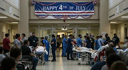 Crowded emergency room treating multiple Fourth of July injuries