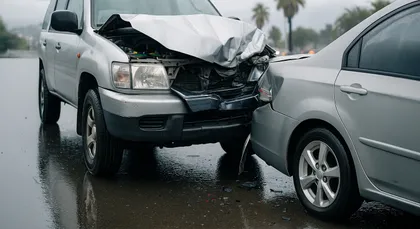Crumpled front-end damage from a rear-end collision on a wet road.