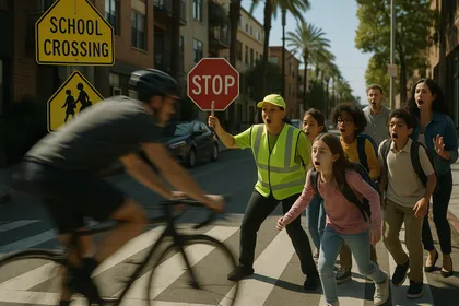 Cyclist failing to yield at crosswalk with children crossing
