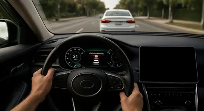 Dashboard view of a forward-collision warning alert in a modern vehicle approaching traffic