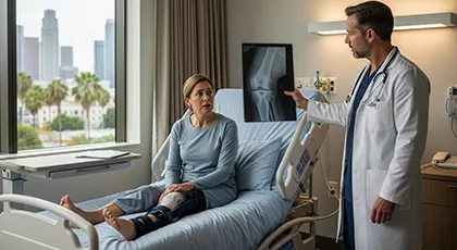 Doctor showing X-ray of crash injuries to patient with leg brace in hospital bed