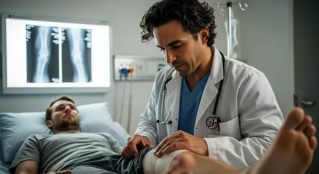 Doctor treating injured pedestrian with leg fracture in hospital