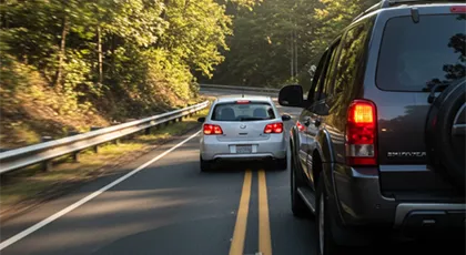Driver changing lanes abruptly over double yellow lines and without using signals