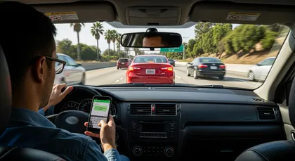 Driver distracted by texting while following traffic on a busy highway