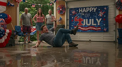 Guest slipping on wet surface during a 4th of July gathering