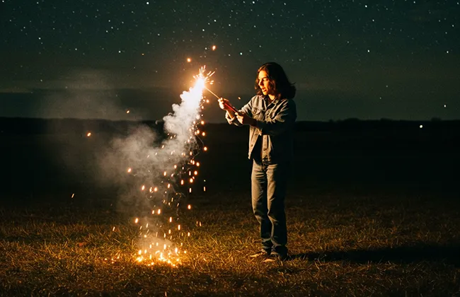 Individual using fireworks unsafely in an open field