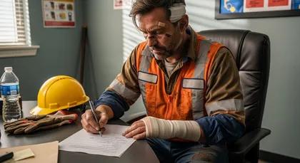 Injured construction worker filling out paperwork after an accident
