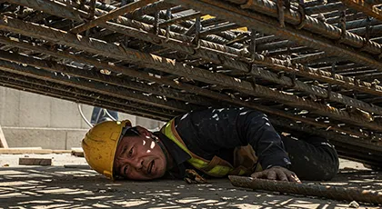Injured construction worker trapped under collapsed rebar structure at job site