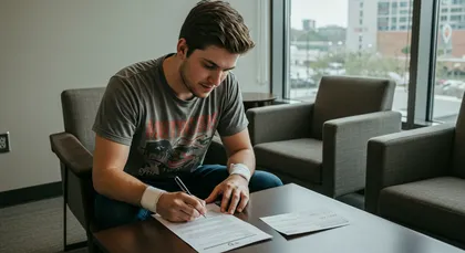 Injured man filling out legal paperwork after an accident at an Airbnb