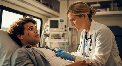 Injured man receiving medical attention in an ambulance after a car accident
