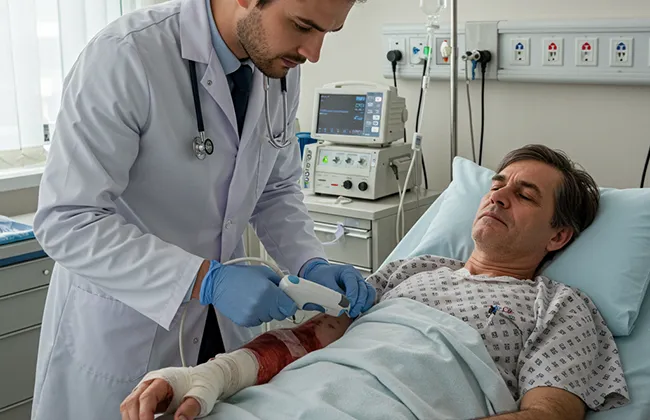 Injured man receiving treatment in hospital after a fireworks accident