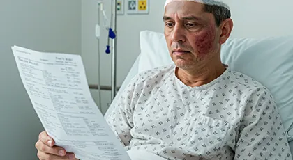 Injured man reviews medical bills in hospital after suffering harm from a company’s negligence
