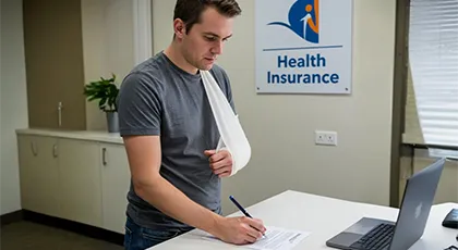 Injured man with arm in sling signing insurance documents at a health office.