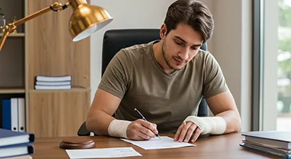 Injured man with bandaged wrists filling out paperwork after a rear-end crash