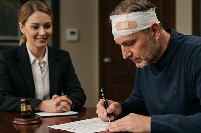 Injured man with head bandage signing legal documents with personal injury lawyer