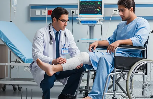 Injured patient in wheelchair receiving medical evaluation after a car accident
