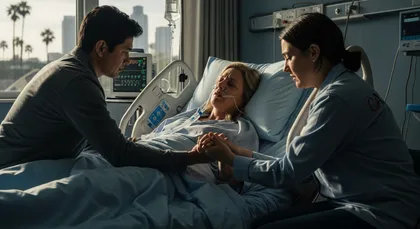 Injured woman in hospital bed surrounded by loved ones after serious accident