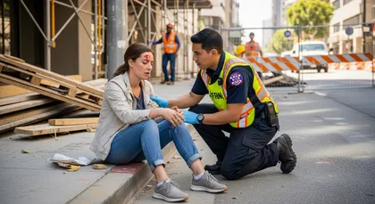Injured woman receiving medical attention after a construction site accident on a city street