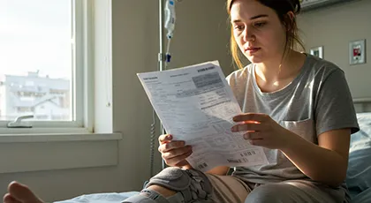 Injured woman reviewing medical bills in a hospital bed after a construction accident.