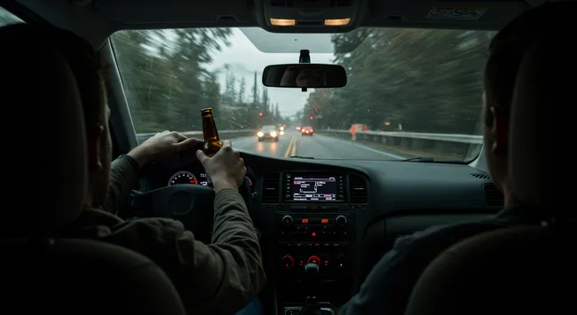 Man driving a car while drinking alcohol
